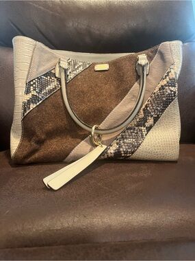 Francis Valentine Patchwork Suede & Snake-Accent Tote in Brown and Cream